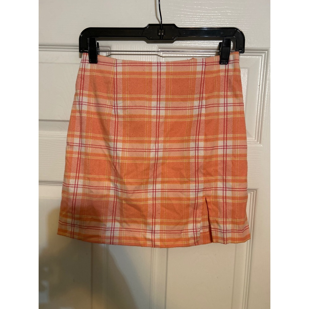 Wild Fable‎ Orange Plaid Mini Skirt High Waisted Front Slit Size 6 Pink White